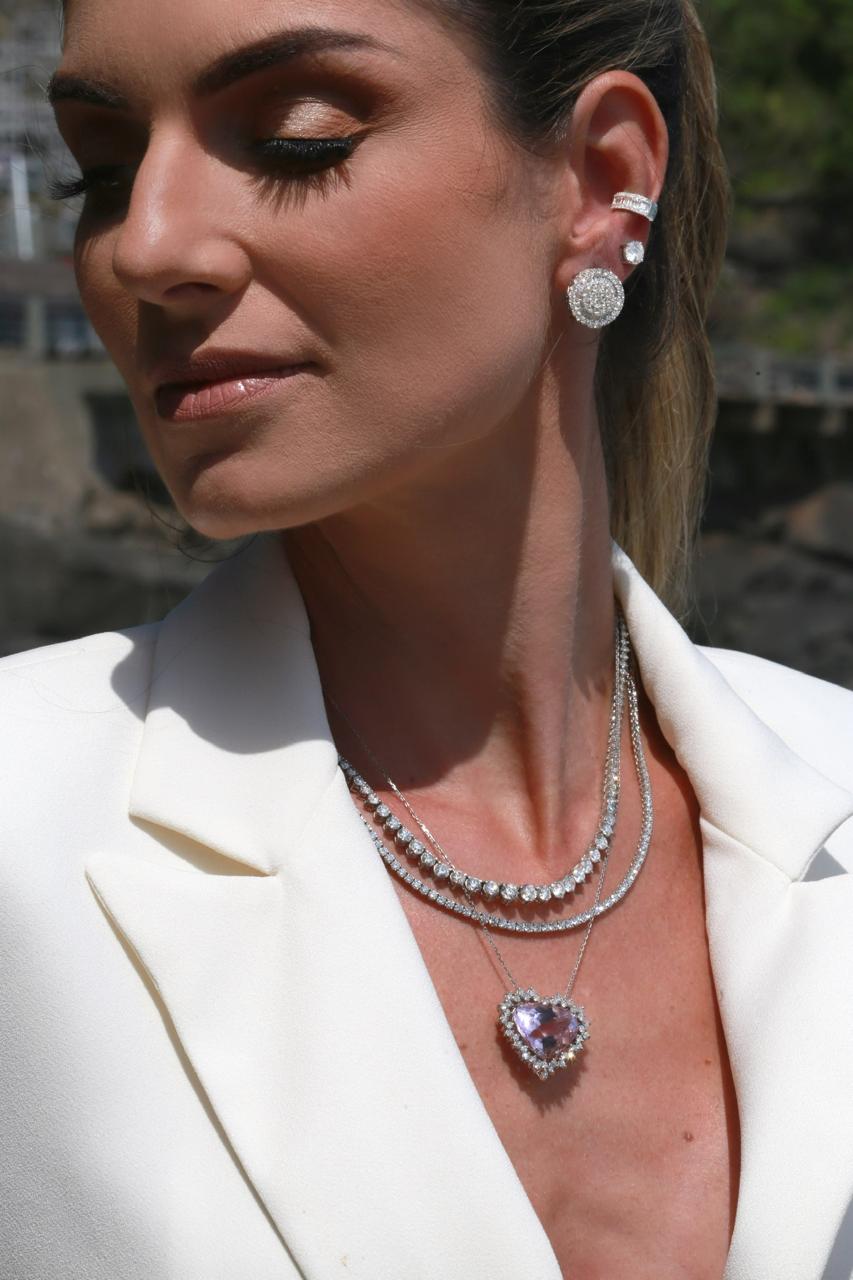 Colar Kunzita Lapidação Coração com Diamantes