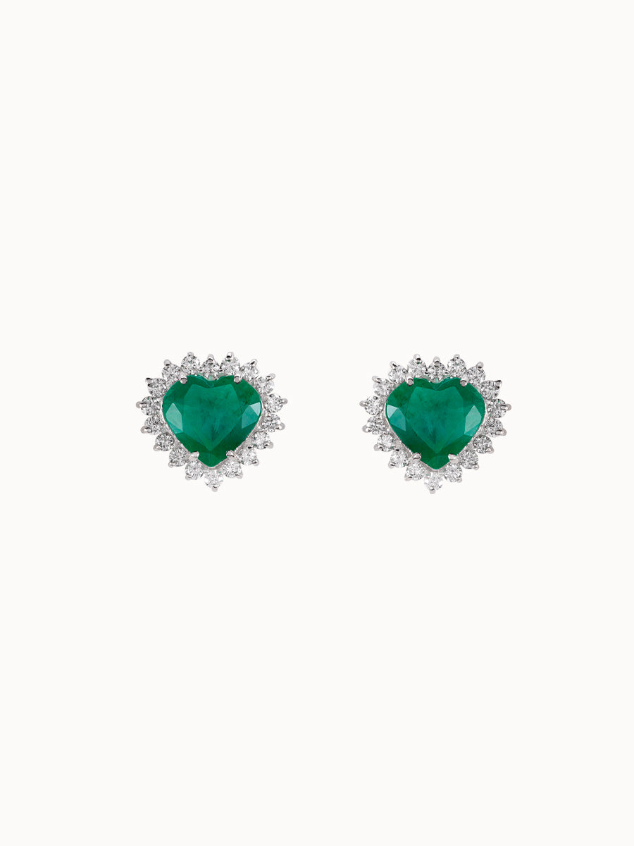 Brinco Coração Esmeralda Coroado com Diamantes