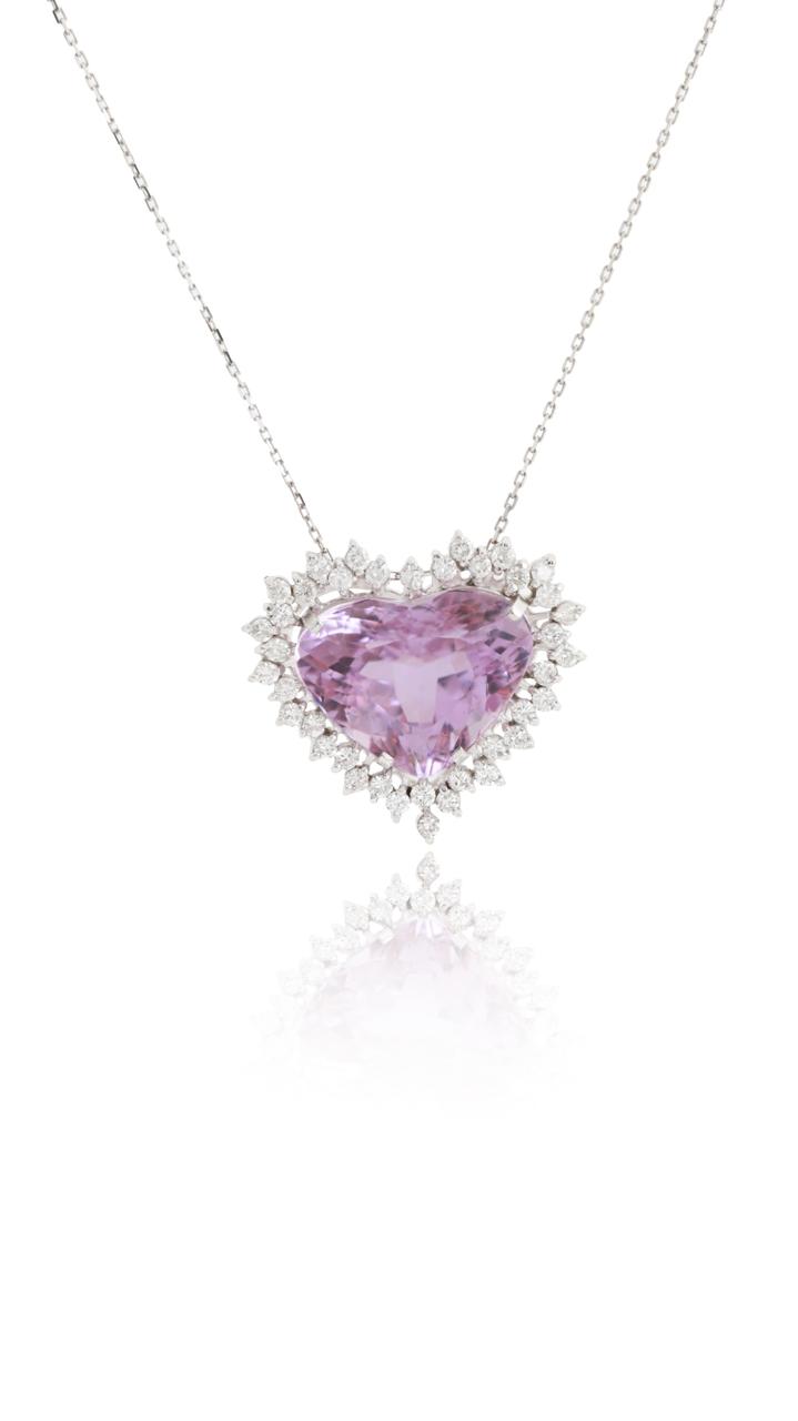 Colar Kunzita Lapidação Coração com Diamantes