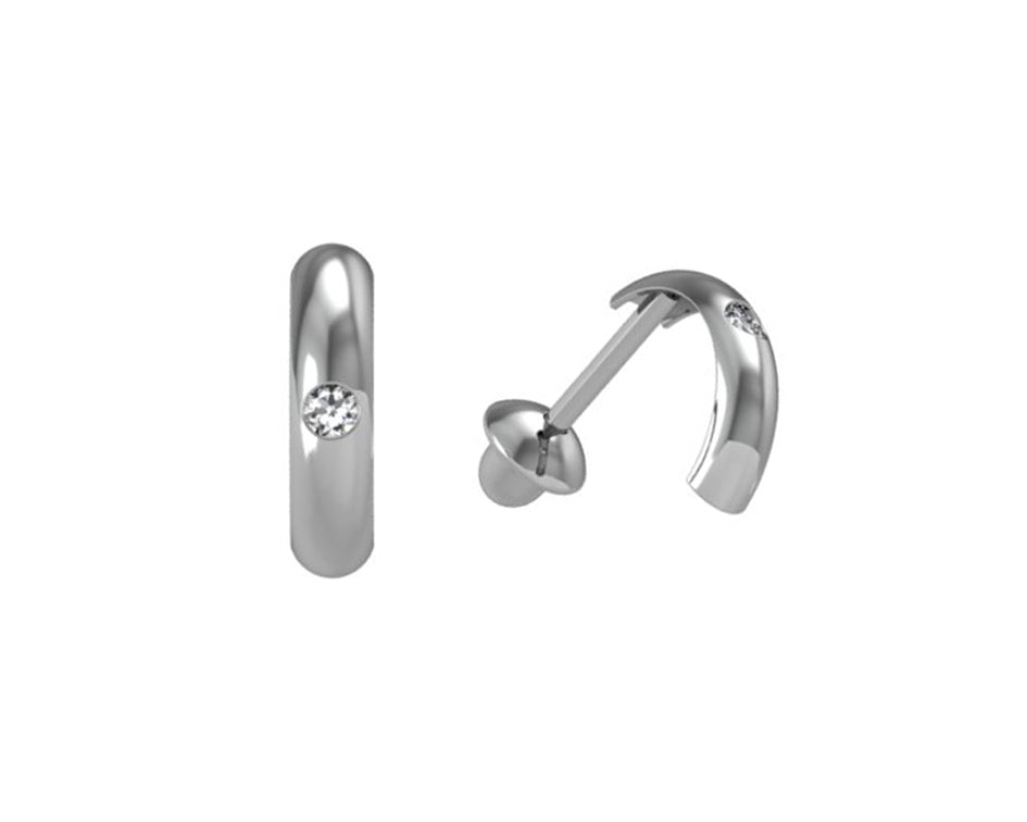 Brinco Meia Argola com Diamante Central Ouro Branco