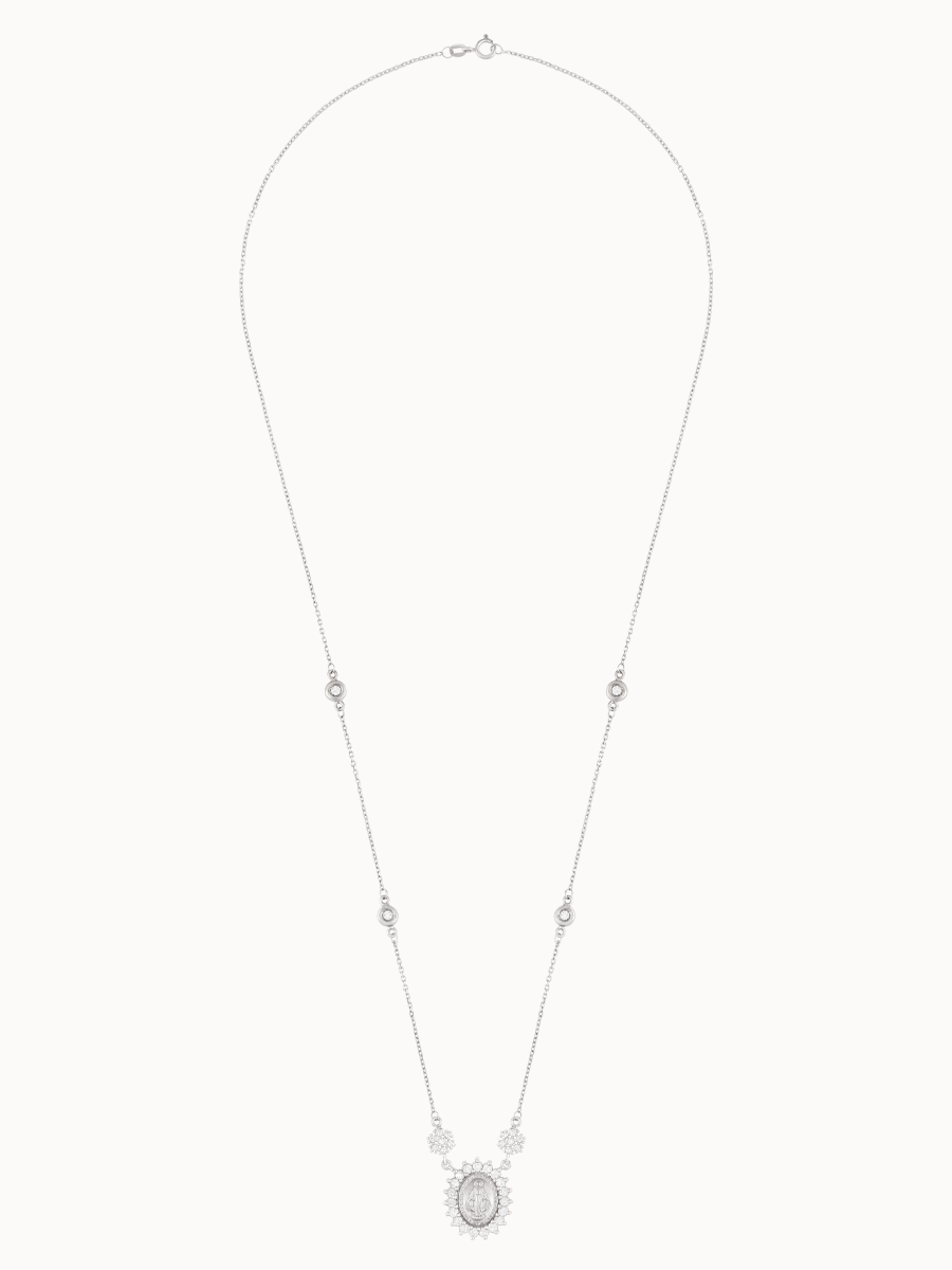 Colar Nossa Senhora das Graças Ouro Branco 18k coroada por Topázios Brancos